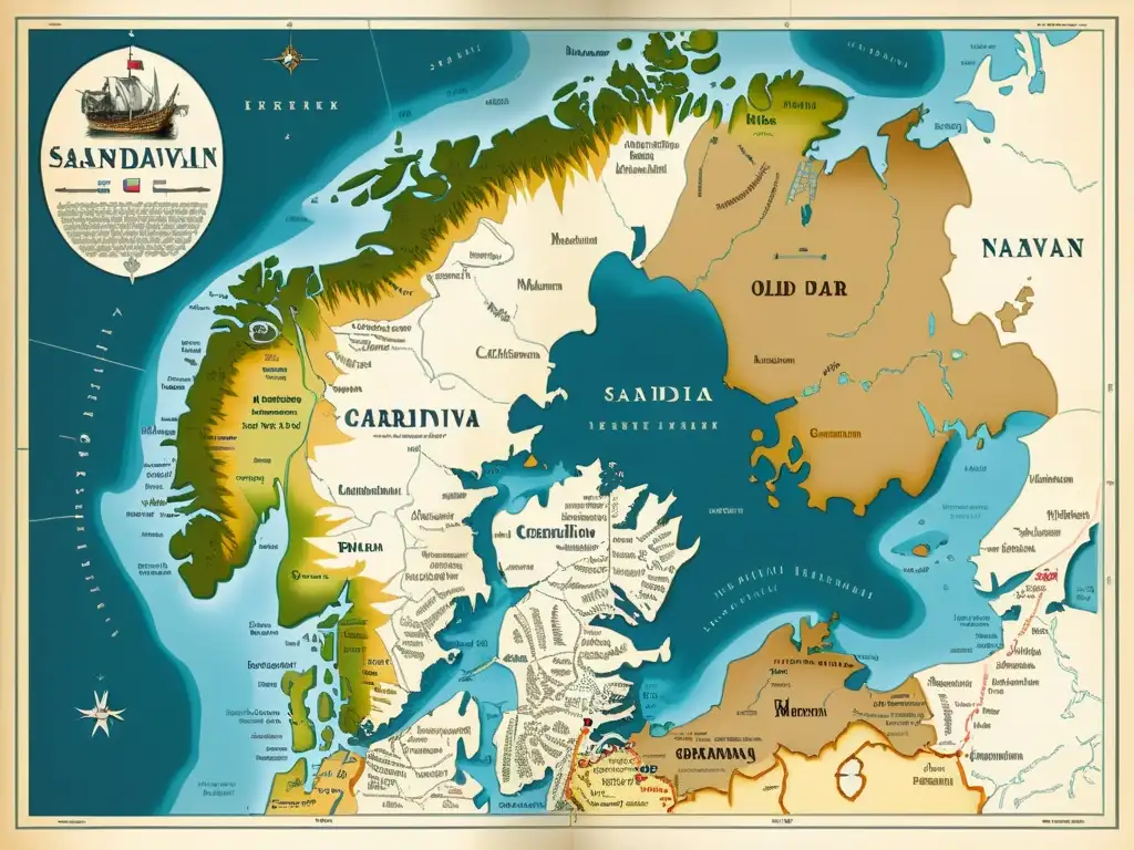 Un antiguo mapa detallado del escandinavo, con caligrafía intrincada y bordes desgastados, evocando la importancia histórica del estudio lingüístico escandinavo antiguo