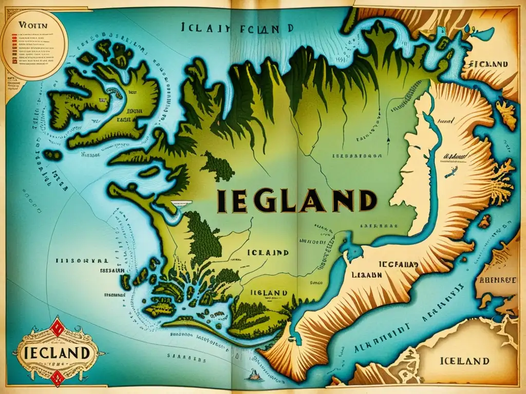 Un antiguo mapa detallado de Islandia, con ilustraciones de su paisaje, ríos y monumentos históricos