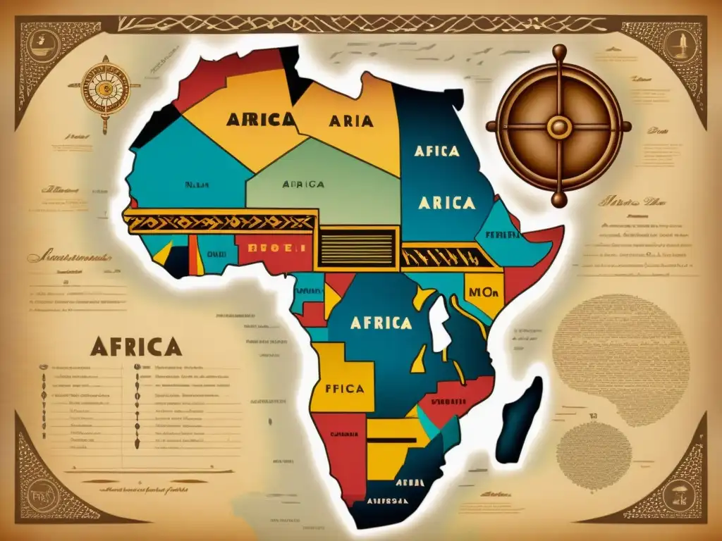 Un antiguo mapa detallado de África con ilustraciones de instrumentos musicales tradicionales africanos y caligrafía en lenguas africanas