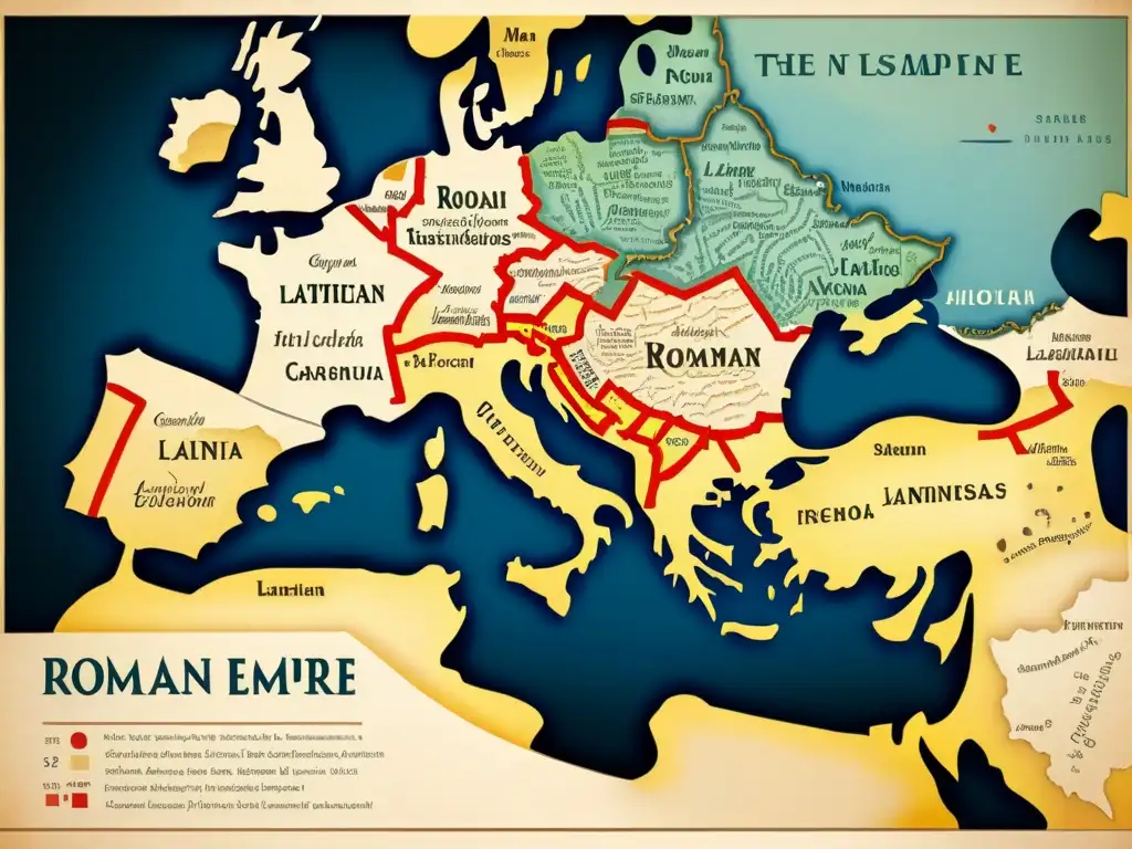 Un antiguo mapa detallado del Imperio Romano con caligrafía intrincada que muestra la evolución de las lenguas romances