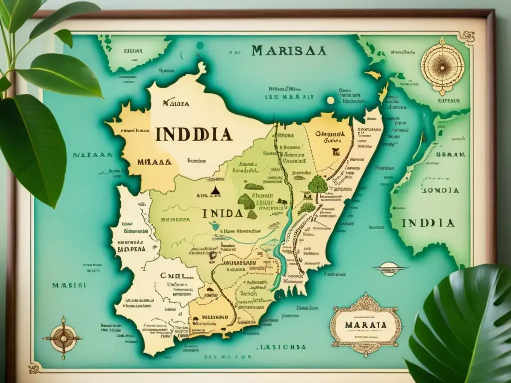 Un antiguo mapa detallado de las lenguas IndoArias del sur India, con tonos terrosos y arquitectura tradicional