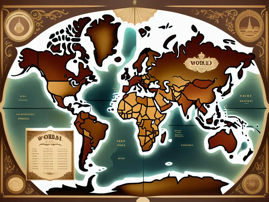 Un antiguo mapa detallado del mundo con tonos sepia y caligrafía delicada etiquetando cada país en varios idiomas