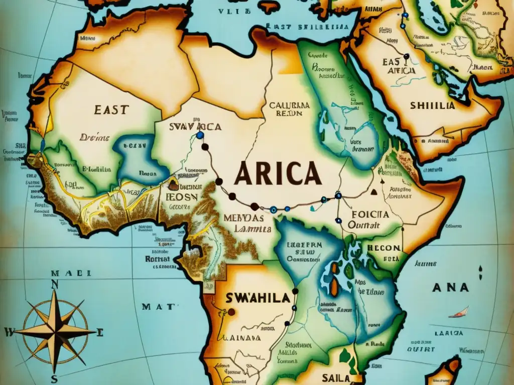 Un antiguo mapa detallado de África Oriental con enfoque en las regiones de habla swahili, evocando aventura y descubrimiento