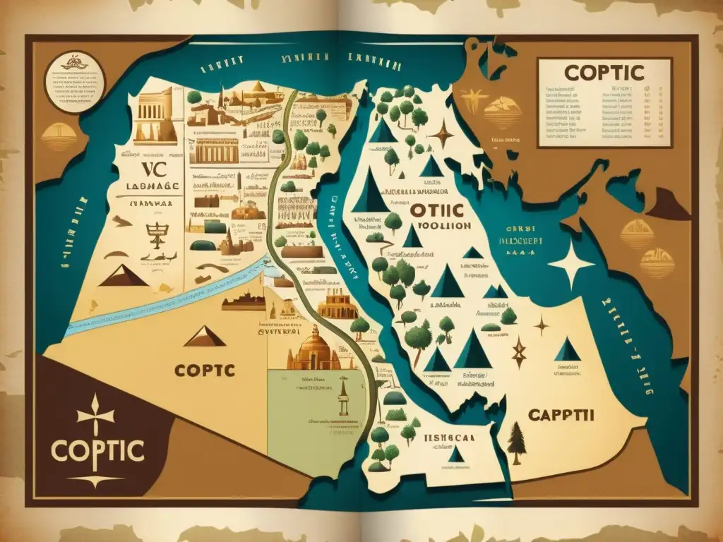 Un antiguo mapa detallado que muestra el origen y evolución del copto, con caligrafía ornamental y colores terrosos desgastados