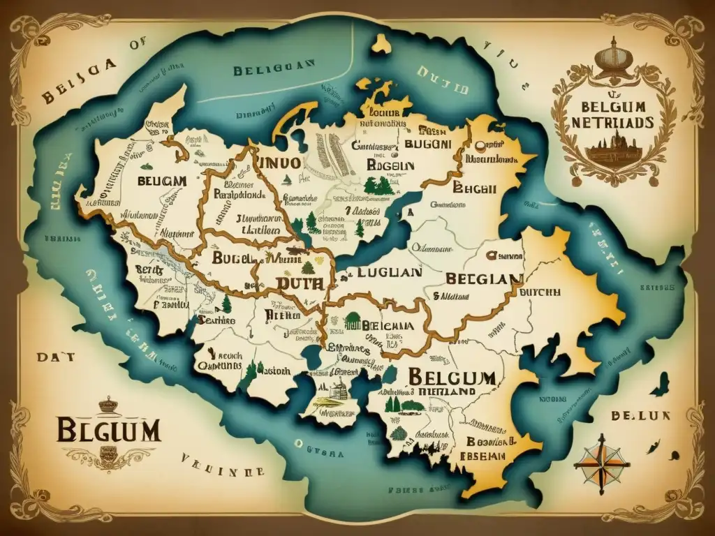 Un antiguo mapa detallado de Bélgica y los Países Bajos que destaca las diferencias lingüísticas entre el holandés belga y neerlandés