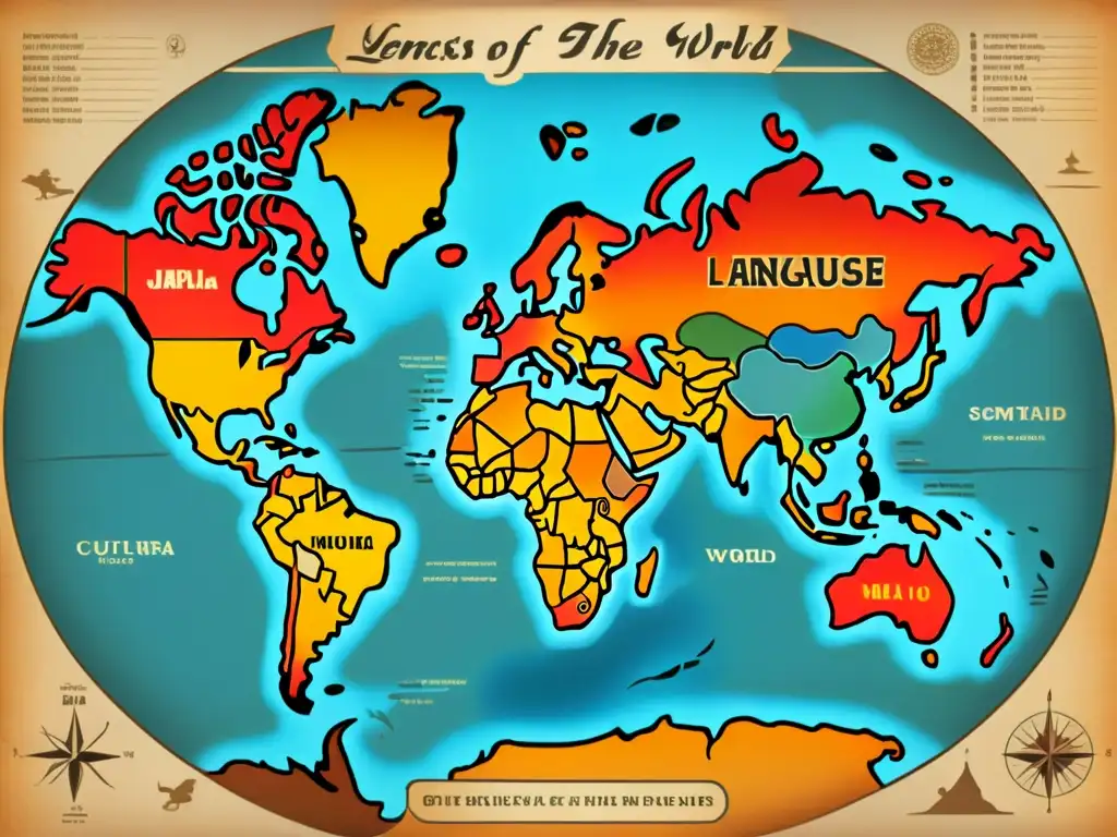 Un antiguo mapa detallado muestra regiones lingüísticas del mundo con símbolos culturales