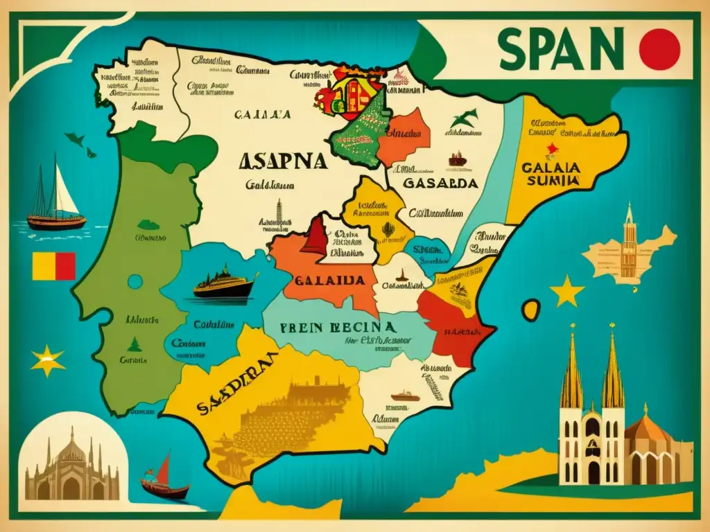 Un antiguo mapa detallado de España con símbolos culturales y monumentos de las regiones donde se habla catalán, vasco y gallego