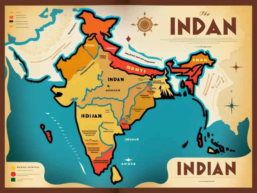 Un antiguo mapa detallado del subcontinente indio, con colores cálidos y ricos que evocan historia y préstamos lingüísticos entre lenguas IndoArias