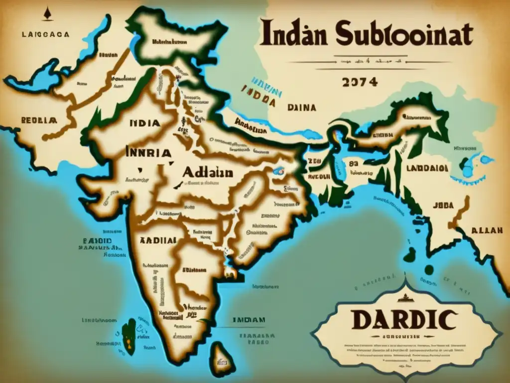 Un antiguo mapa detallado del subcontinente indio muestra la distribución de las lenguas dárdicas