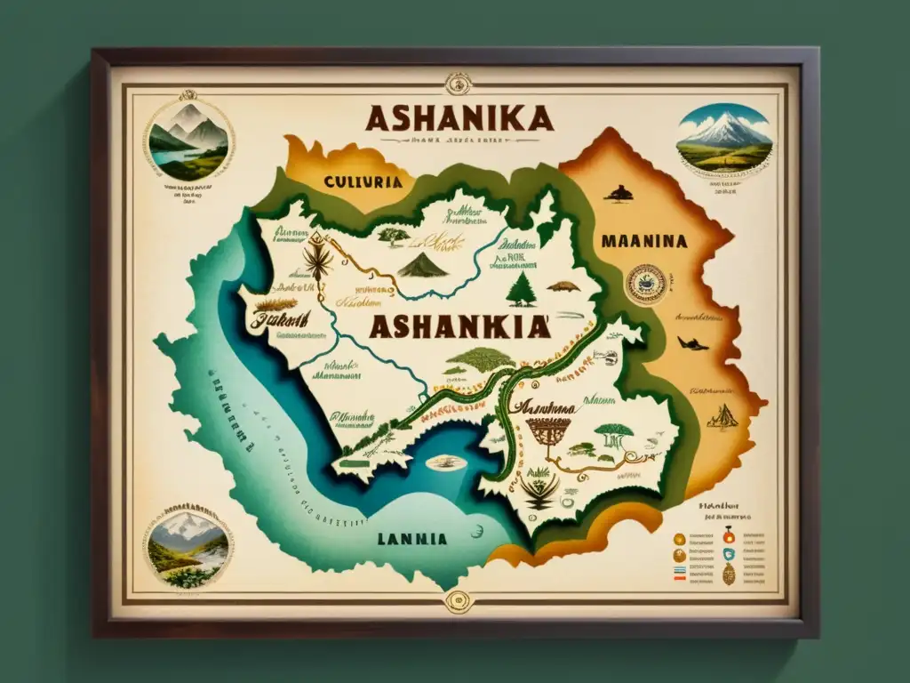 Un antiguo mapa detallado del territorio lingüístico Ashaninka, con ilustraciones de flora, fauna y puntos culturales