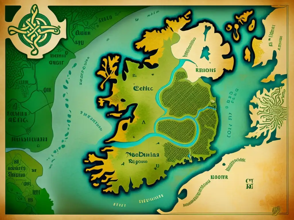 Un antiguo mapa detallado de tierras celtas, con colores desgastados y textura de papel envejecido