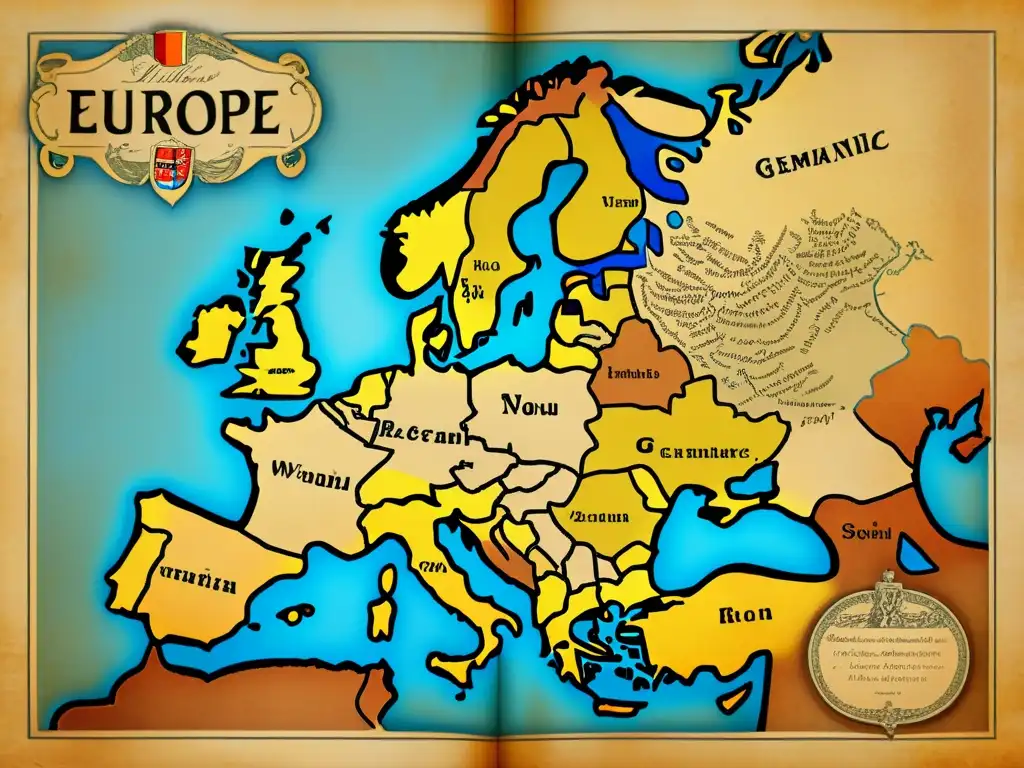 Antiguo mapa de Europa con detalles de dialectos germánicos olvidados