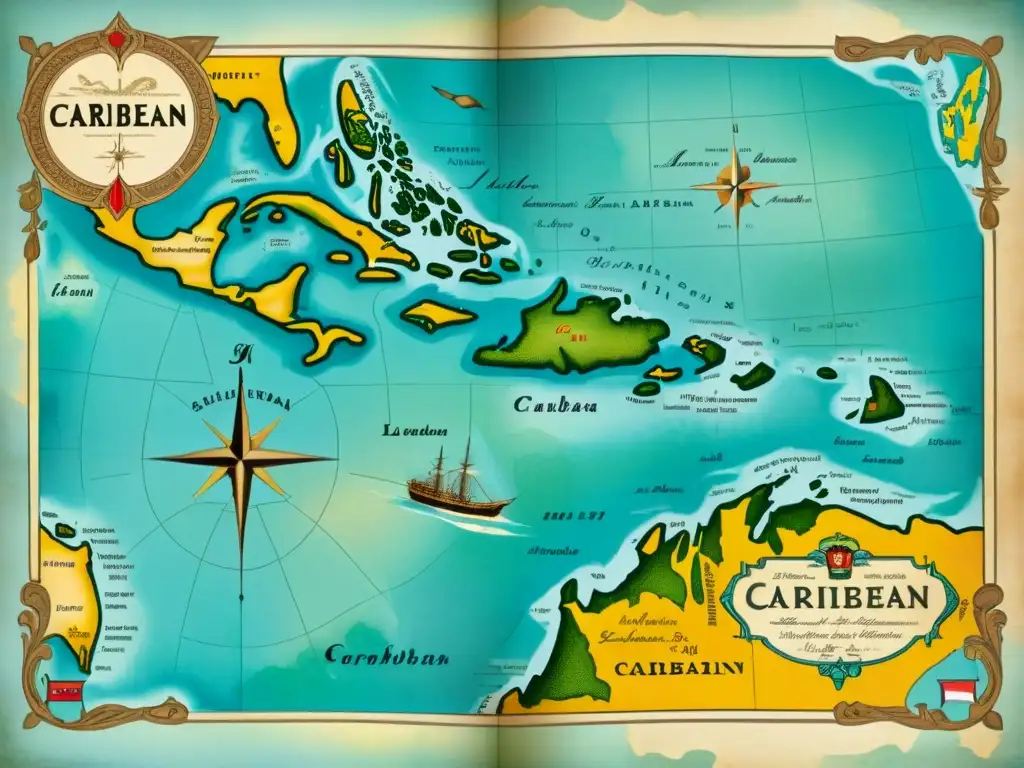 Un antiguo mapa del Caribe con detalles de las islas y sus idiomas criollos