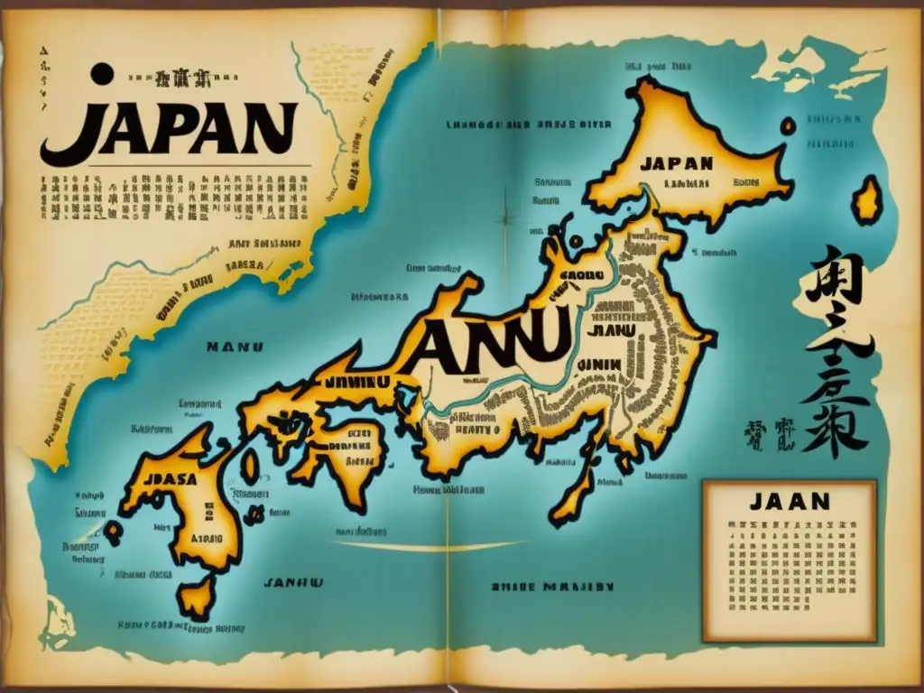 Mapa antiguo de Japón con escritura Ainu Antiguo mapa de Japón con detalles del lenguaje Ainu, resaltando la riqueza lingüística