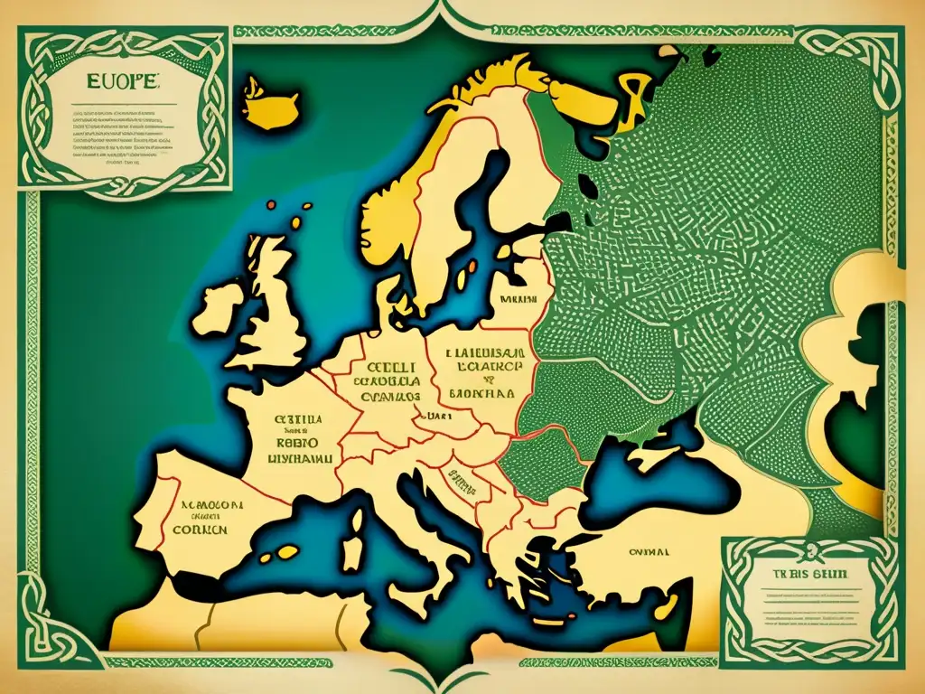 Un antiguo mapa de Europa con detalles de las regiones celtas y caligrafía detallada de las políticas lingüísticas de la Unión Europea