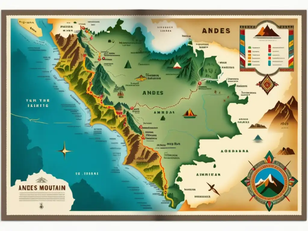 Un antiguo mapa de los Andes con detalles topográficos, ríos y comunidades indígenas