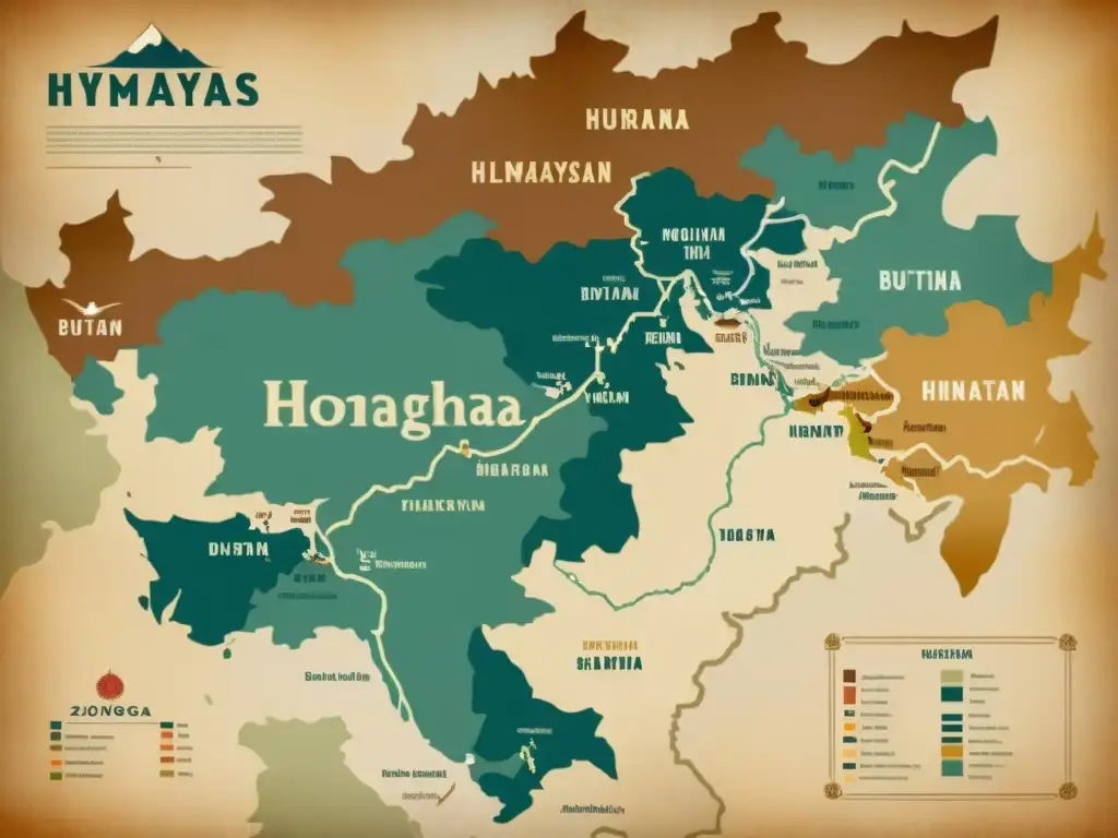 Un antiguo mapa de los Himalayas muestra la distribución de la gramática del dzongkha en Bután, con tonos terrosos y detalles culturales