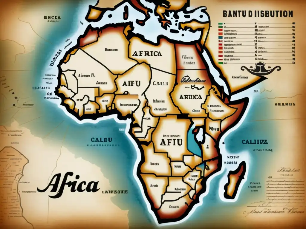 Un antiguo mapa de África muestra la distribución de las lenguas bantúes en territorios históricos, sobre un pergamino envejecido