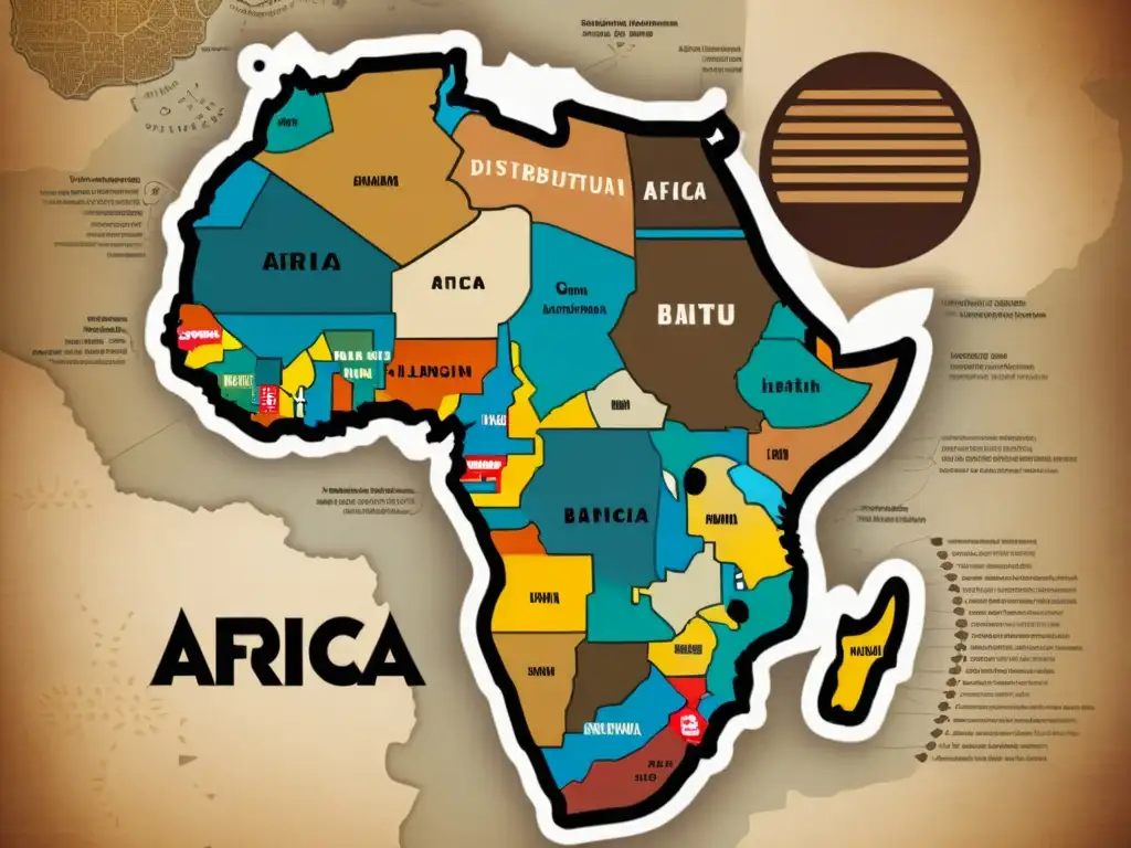 Un antiguo mapa de África con la distribución de lenguas bantú en tonos terrosos, detalles caligráficos e iconografía africana