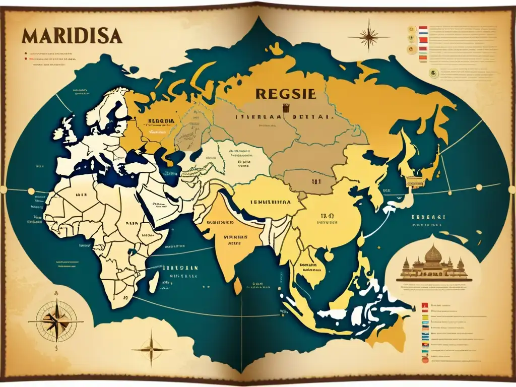 Mapa vintage de diversidad lingüística con conexiones culturales Un antiguo mapa muestra una región diversa con líneas punteadas que simbolizan la compleja diversidad lingüística