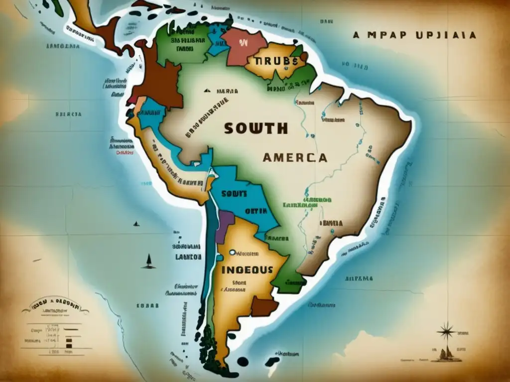 Un antiguo mapa de Sudamérica muestra la diversidad lingüística de la región con detalles de tribus indígenas y sus idiomas