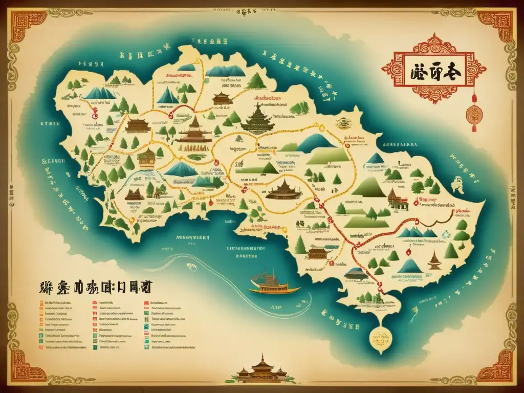 Un antiguo mapa estilizado de la familia de lenguas sino-tibetanas, con intrincadas ilustraciones de escritura tradicional y motivos culturales