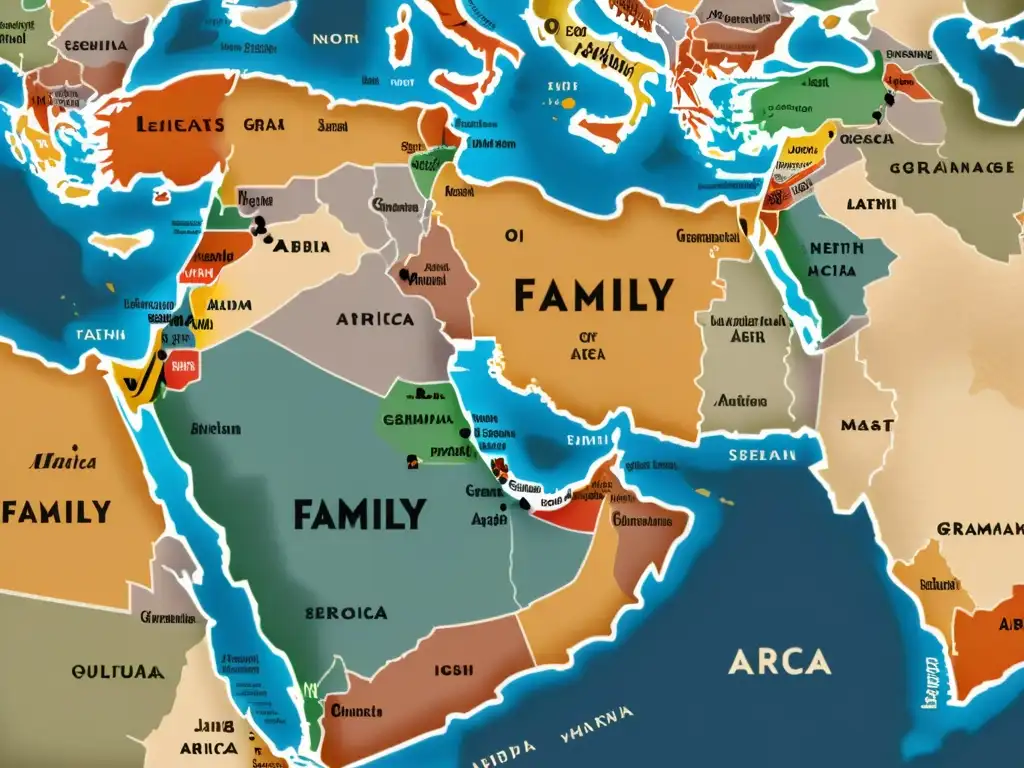 Un antiguo mapa de la familia de lenguas semíticas, con caligrafía detallada y marcadores geográficos, en tonos terrosos y sepia