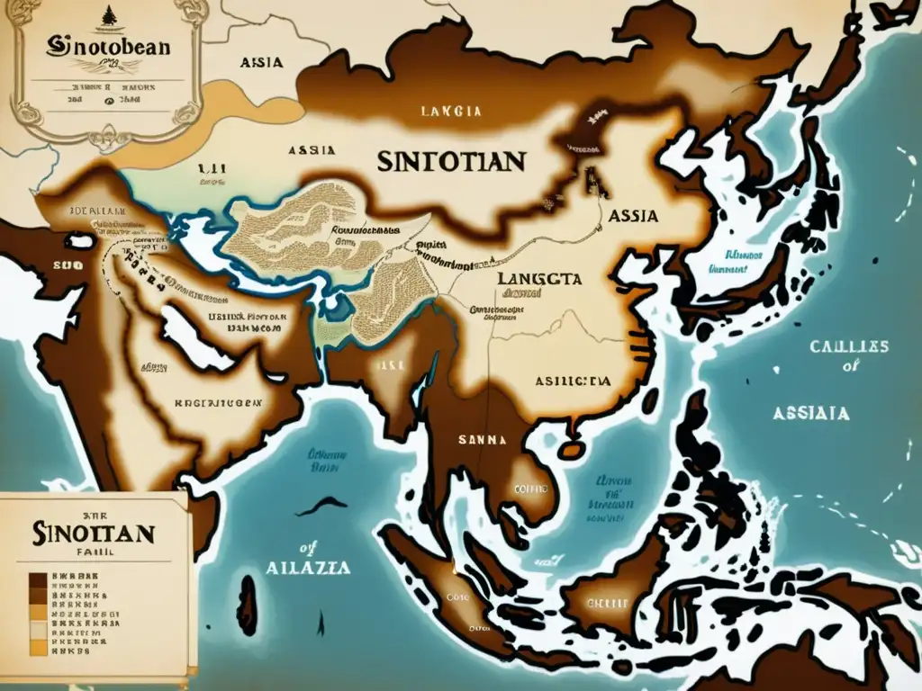 Un antiguo mapa de la familia lingüística SinoTibetana, detallado y en tonos sepia y marrón