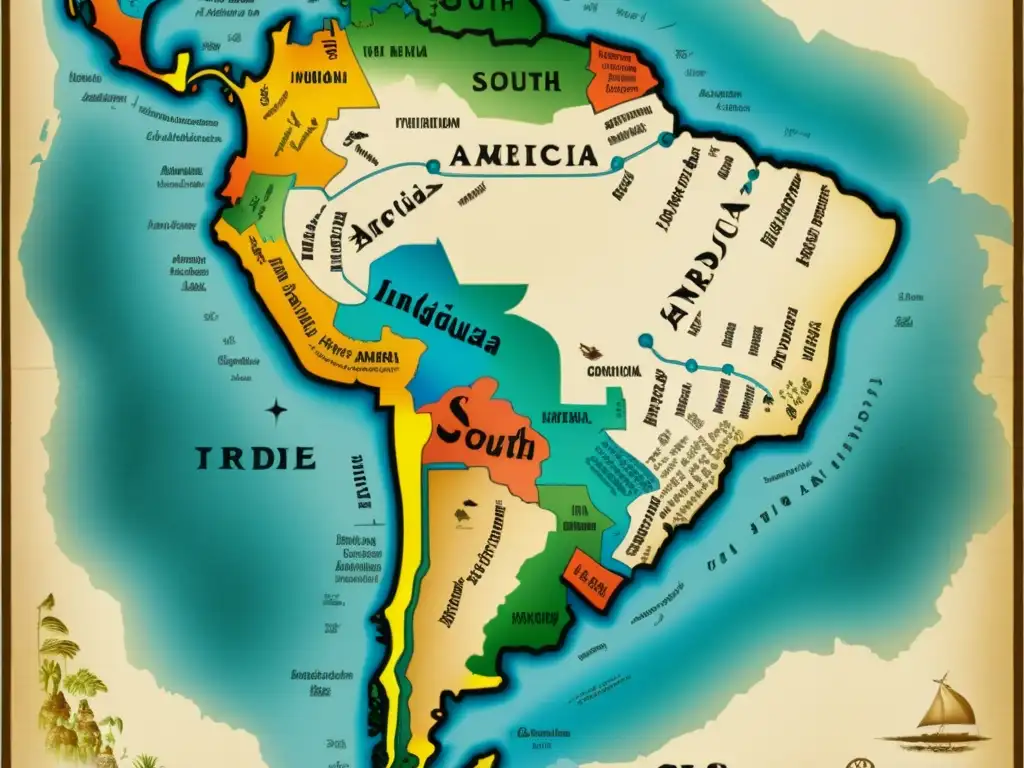 Un antiguo mapa de Sudamérica con ilustraciones de tribus indígenas y sus idiomas, evocando la riqueza cultural