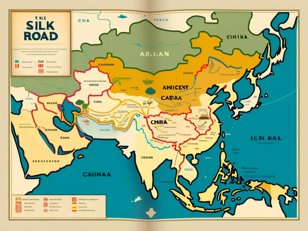 Un antiguo mapa ilustrado que muestra la influencia externa en la evolución del chino mandarín a lo largo de la Ruta de la Seda