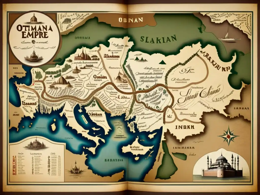 Un antiguo mapa del Imperio Otomano con caligrafía detallada y fronteras meticulosas, en tonos sepia que evocan historia y significado cultural