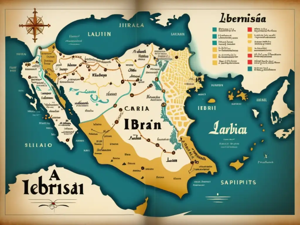 Un antiguo mapa detallando la influencia árabe en las lenguas romances, con caligrafía y colores ricos que reflejan la importancia histórica