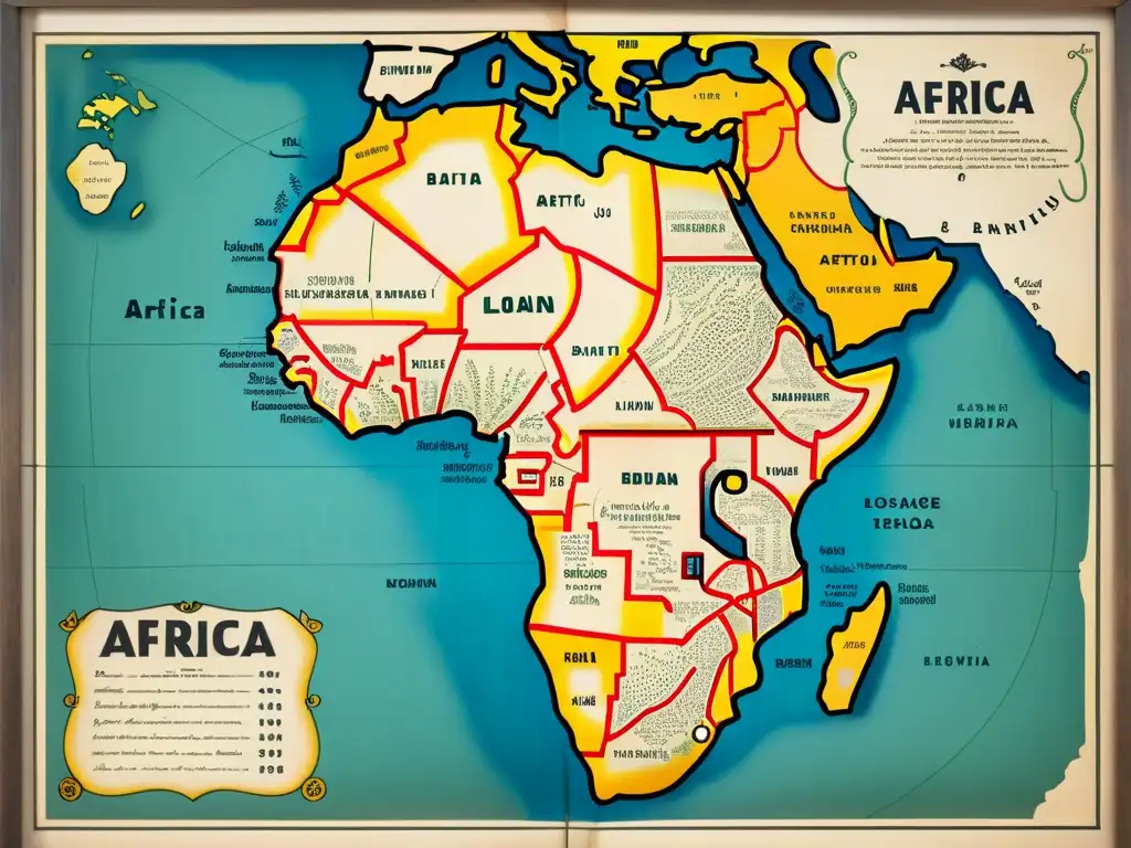 Un antiguo mapa de África con las influencias de otras lenguas en la gramática bantú, rodeado de ilustraciones vintage de flora y fauna indígena