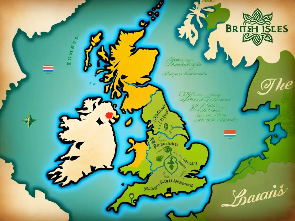 Un antiguo mapa de las Islas Británicas con símbolos celtas, ruinas y escritura gaélica