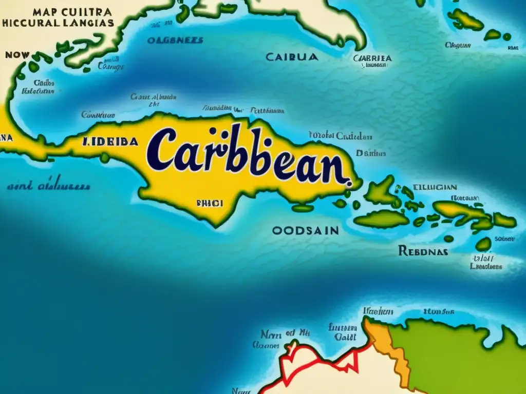 Un antiguo mapa de las islas del Caribe, con colores vibrantes y detalles intrincados que muestran las influencias culturales y lingüísticas diversas que han dado forma al desarrollo de los criollos y pidgins en la región