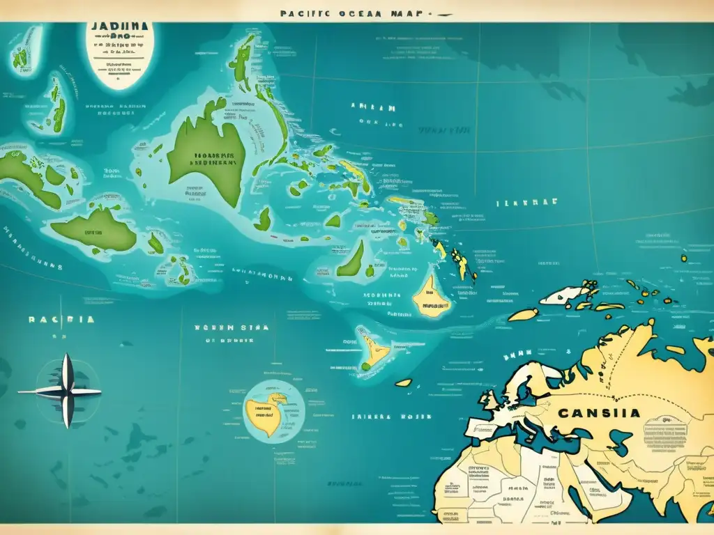 Un antiguo mapa del océano Pacífico con islas polinesias y canoas tradicionales, reflejando el origen y evolución de lenguas austronesias