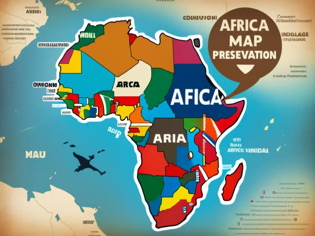 Un antiguo mapa de África con lenguas africanas en peligro, símbolos de redes sociales y activismo digital, evocando historia y esperanza