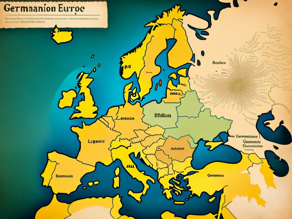 Un antiguo mapa de Europa detallando las lenguas germánicas amenazadas y sus diásporas, con anotaciones elegantes y fotografías de comunidades