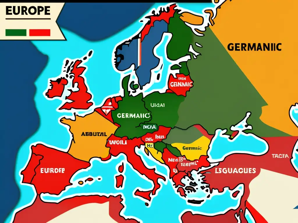 Un antiguo mapa de Europa muestra la expansión y evolución de las lenguas germánicas, con detalles de rutas comerciales, intercambios culturales y conquistas