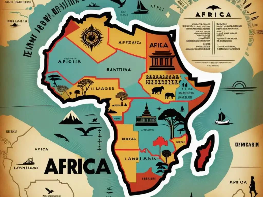 Un antiguo mapa de África detallando la evolución de las lenguas bantúes con ilustraciones culturales