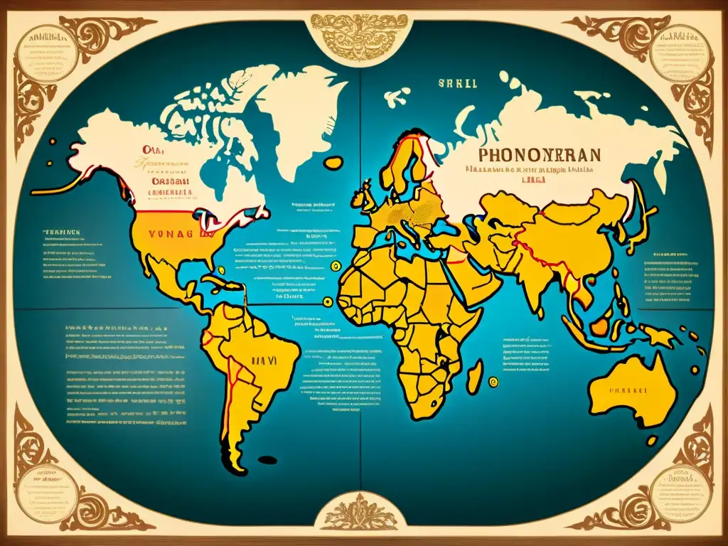 Un antiguo mapa lingüístico detallado que muestra la evolución fonética en las lenguas indoarias, con ornamentos y caligrafía elegante