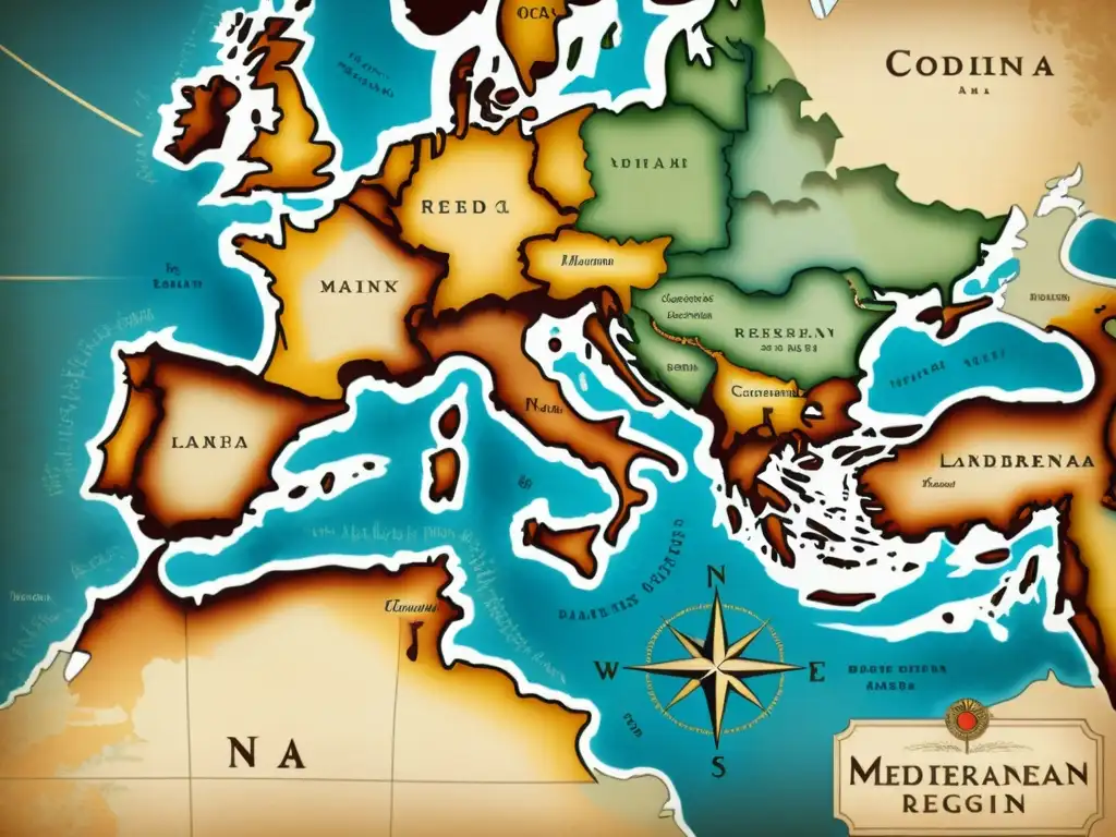 Un antiguo mapa del Mediterráneo con detalles costeros, ciudades y un tono sepia cálido