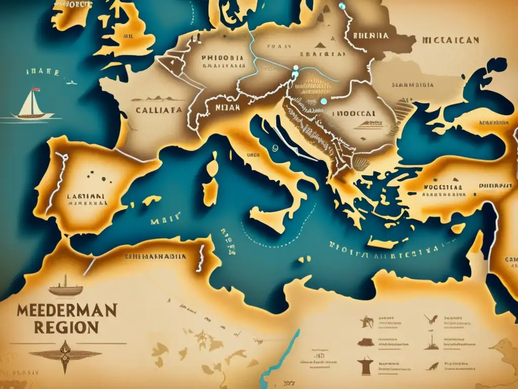 Un antiguo mapa del Mediterráneo con ilustraciones detalladas de rutas comerciales, puertos y ciudades fenicias en tonos sepia desgastados