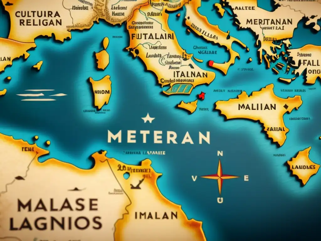 Un antiguo mapa del Mediterráneo con influencias lingüísticas en el idioma maltés, con caligrafía intrincada y texturas de pergamino desvanecido