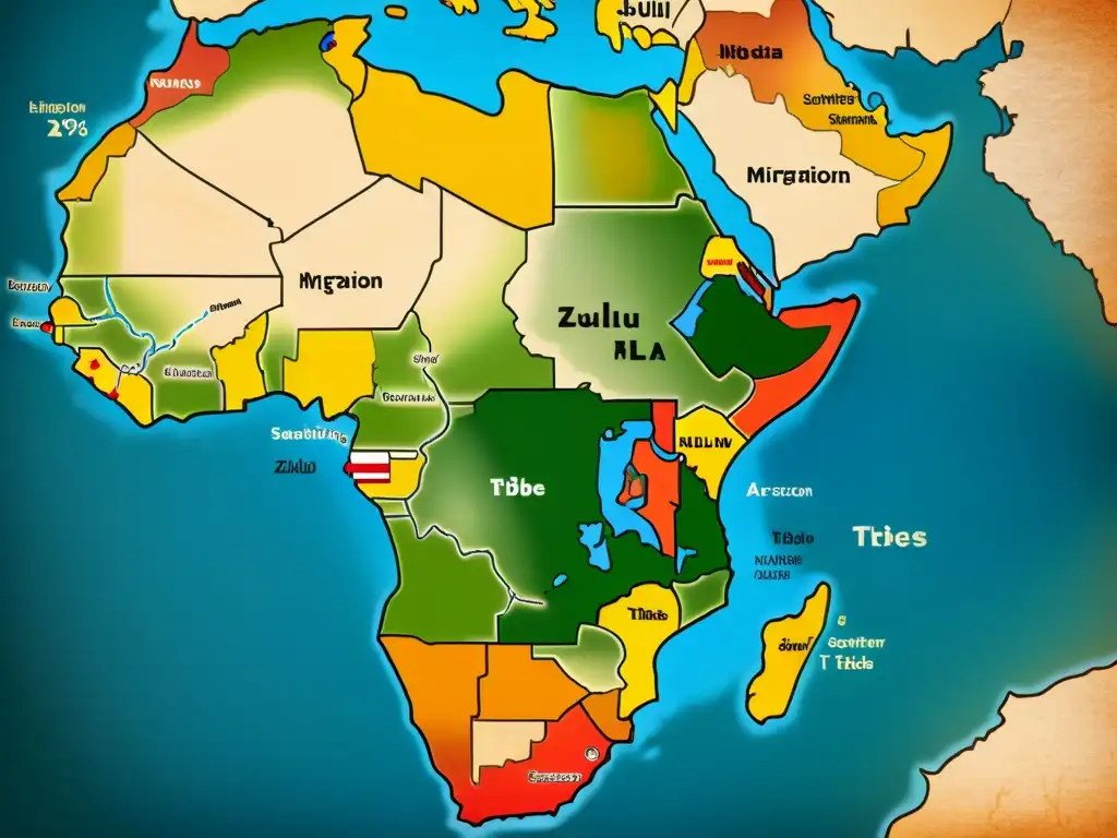 Antiguo mapa de la migración de tribus zulúes en África, con ilustraciones detalladas de hitos culturales y eventos históricos