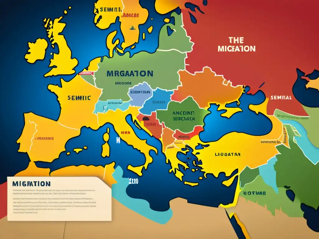 Un antiguo mapa que muestra migraciones en la difusión lingüística de pueblos semitas, con ilustraciones detalladas de intercambios culturales