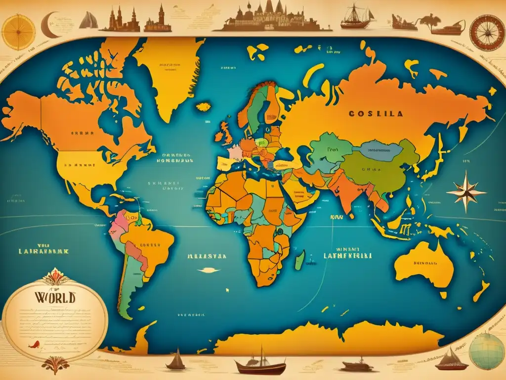 Un antiguo mapa del mundo con colores desgastados y detalles intrincados que muestran diferentes idiomas