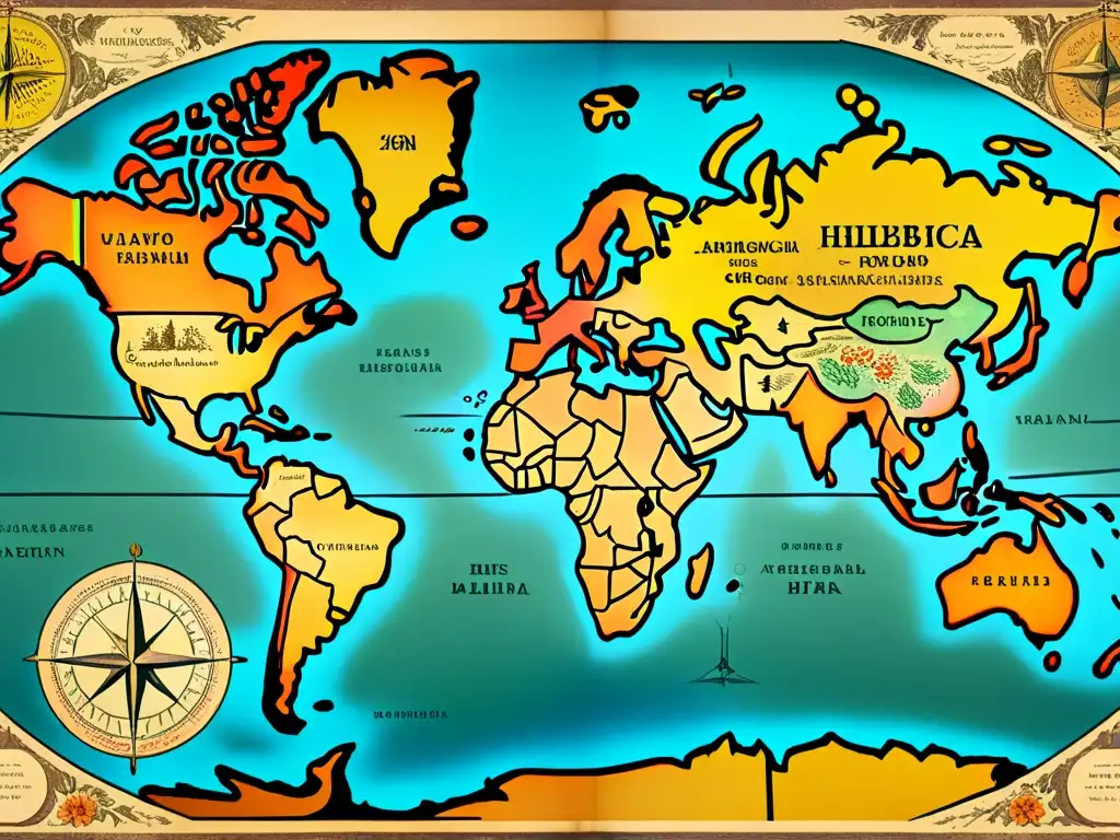 Un antiguo mapa del mundo detallado en 8k, con lenguas y dialectos diversos