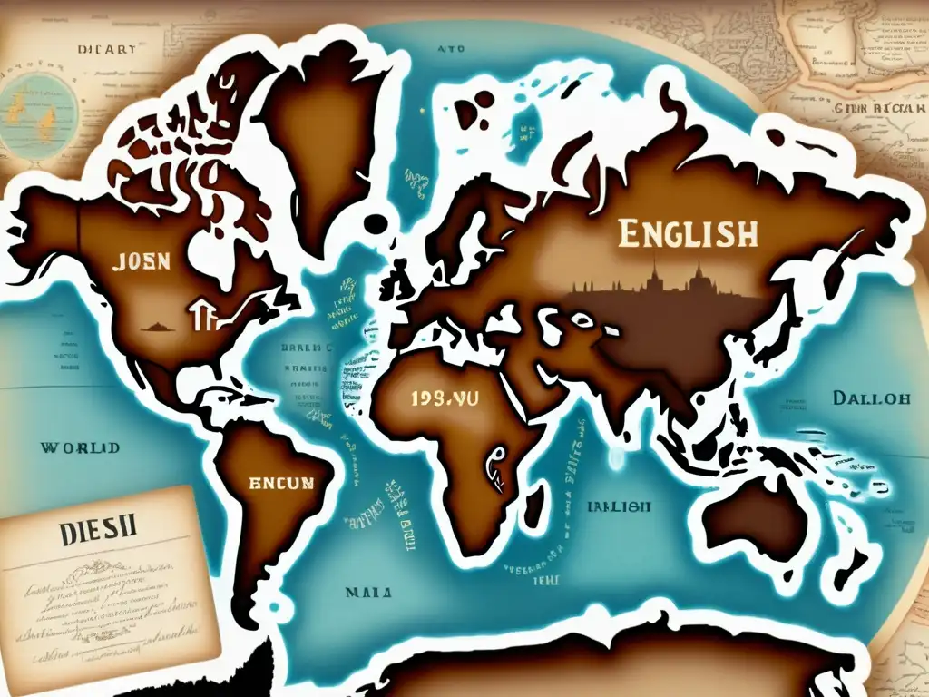 Mapa vintage del mundo con detalles y dialectos del inglés Un antiguo mapa del mundo con detalles intrincados y colores desvanecidos que destaca diferentes regiones y sus dialectos ingleses asociados