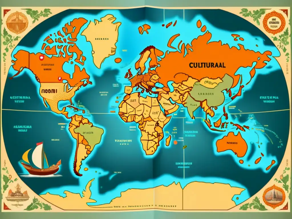 Un antiguo mapa del mundo con detalles intrincados y colores desvanecidos, resaltando la importancia de la adaptación cultural en la localización de contenido